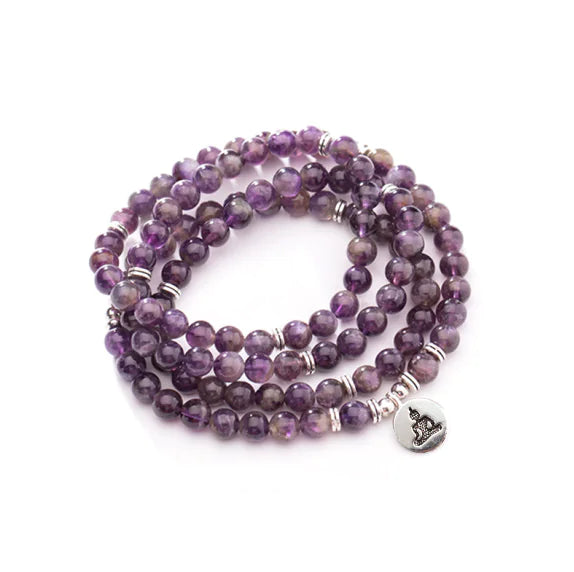 Natural 108 Bead Amethyst Bracelet with Lotus Pendant