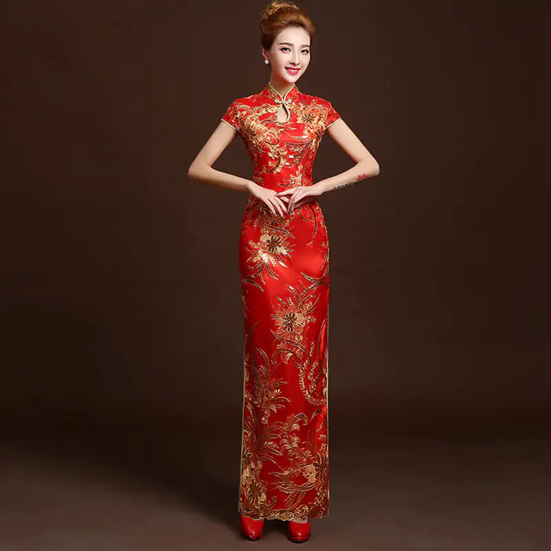 2020 Autumn Winter New Bride Red Long Cheongsam Dress