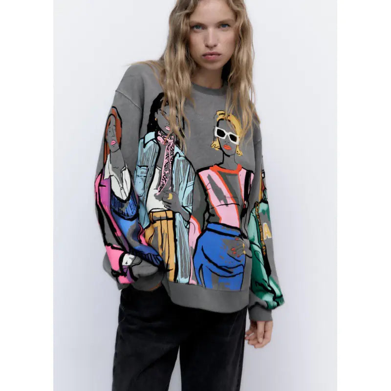 2023 Fashion Women's Loose Print Sweatshirt Crewneck