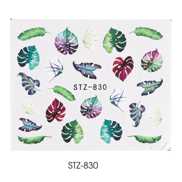 Nail Water Stickers - Green Leaf Rose Design