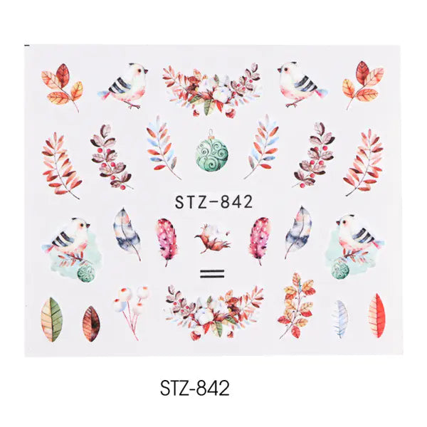 Nail Water Stickers - Green Leaf Rose Design