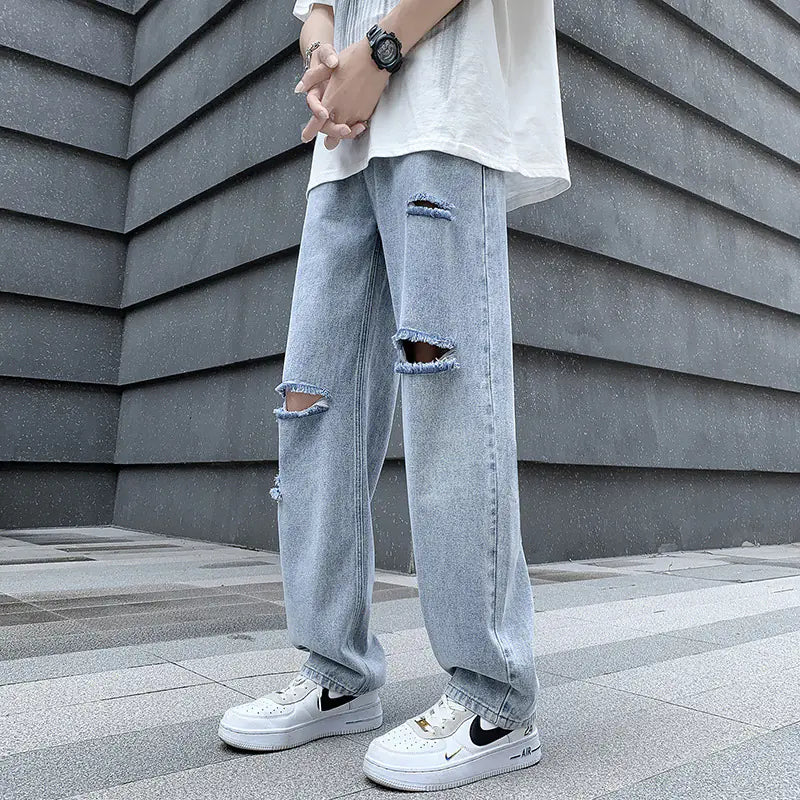 Men's Casual Loose Fit Denim Blue Wide Leg Pants