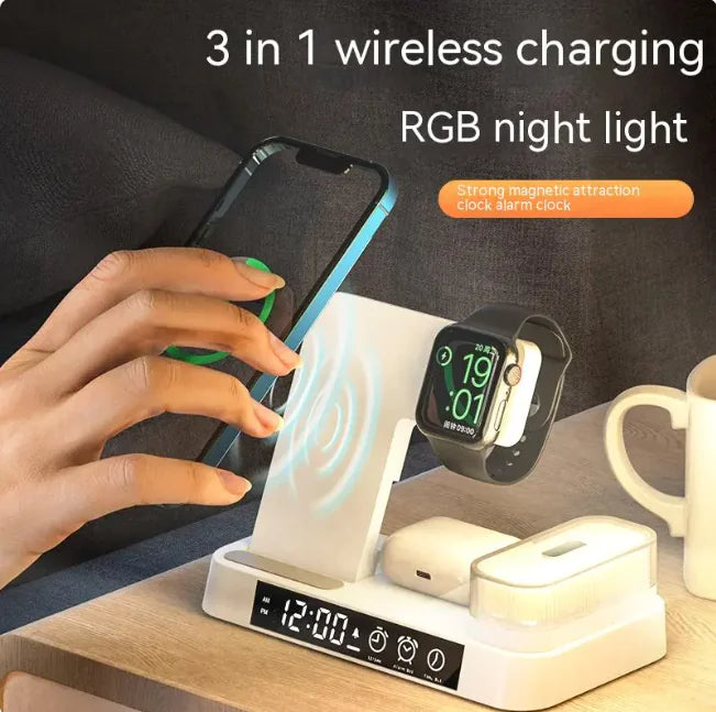 3-in-1 Magnetic Wireless Charger with Night Light - 30W Fast Charging for Apple, Samsung, Watch