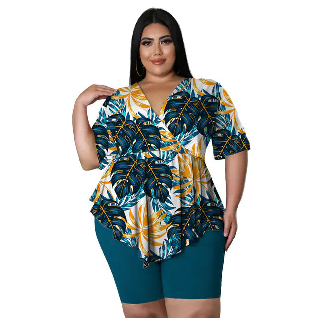 Large Women's Print Two-Piece T-Shirt and Shorts Set