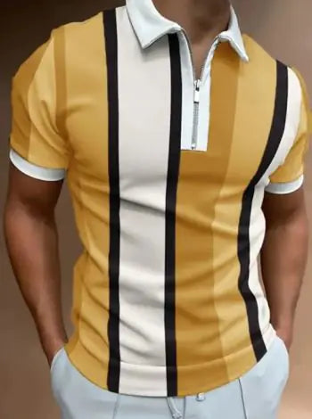 Men’s Striped Short-Sleeve Polo Shirt with Zipper Lapel – Slim Fit