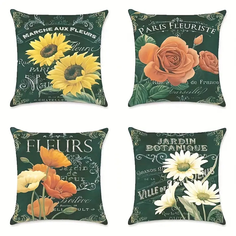 Set of 4 Vintage Floral Pillow Covers for Home Décor