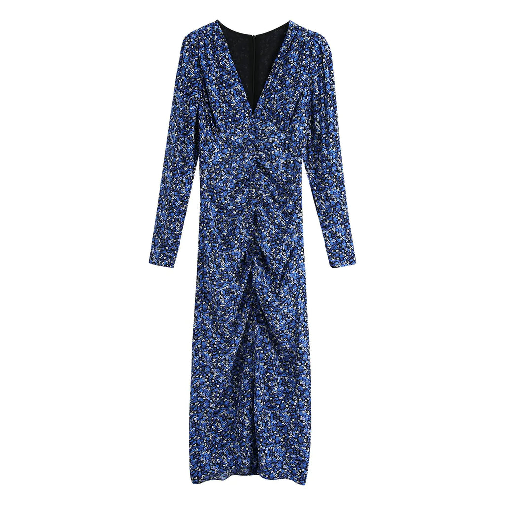 Printed V-neck Long-sleeved Dress for Women