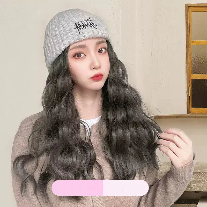 Embroidered Knitted One-Piece Hat Wig