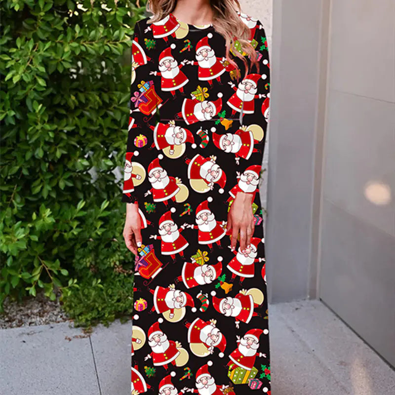 Women's Long-Sleeved Christmas Printed Dress