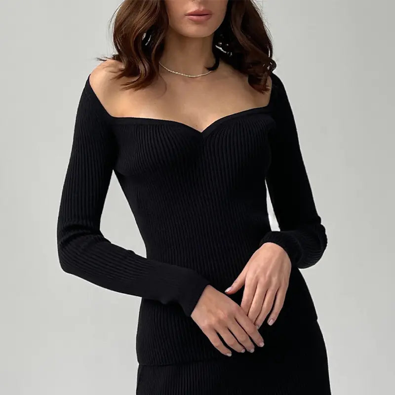 Women's Long-Sleeve Square Collar Knit Top for Fall/Winter