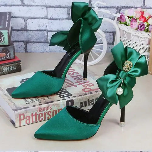 Korean Style Red Rhinestone High Heels with Bow