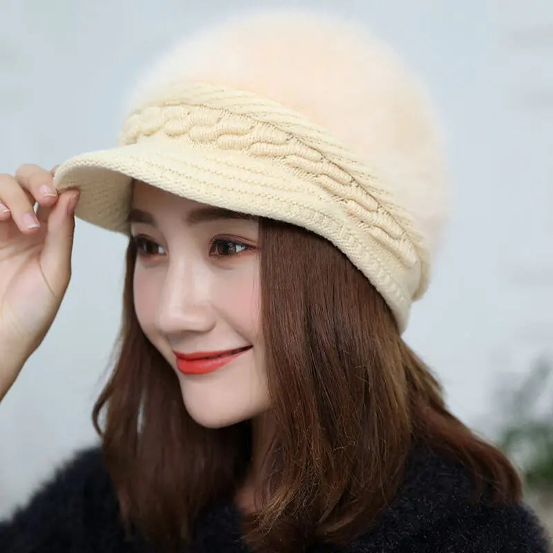 Winter Knitted Hooded Cap with Rabbit Fur for Women