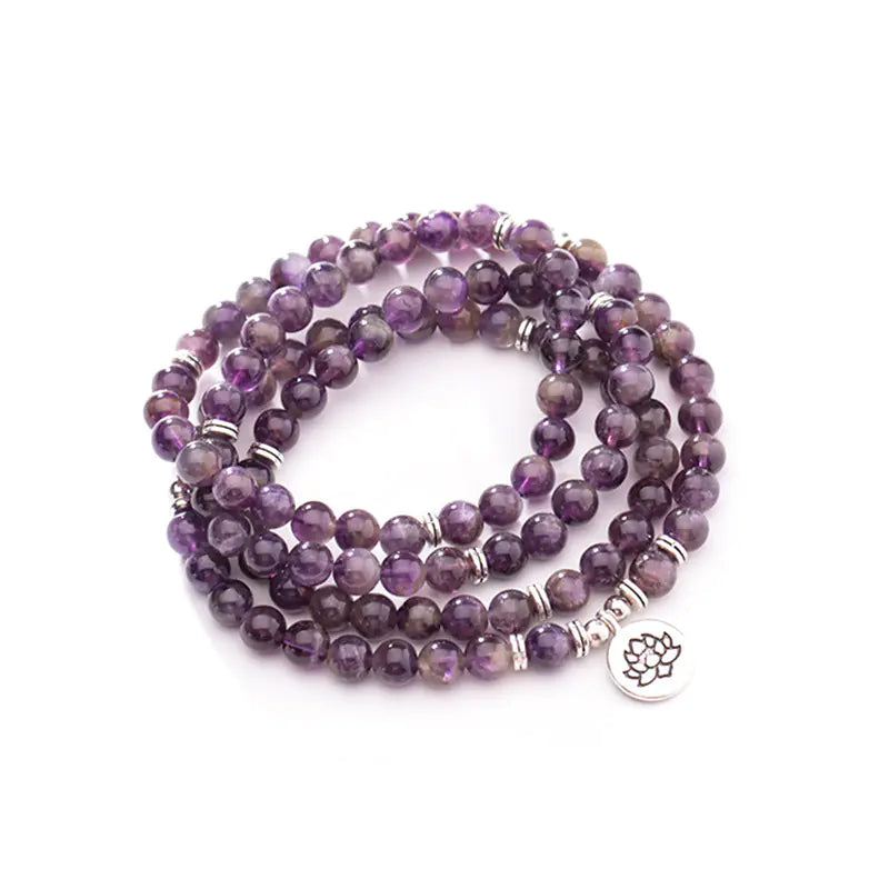 Natural 108 Bead Amethyst Bracelet with Lotus Pendant