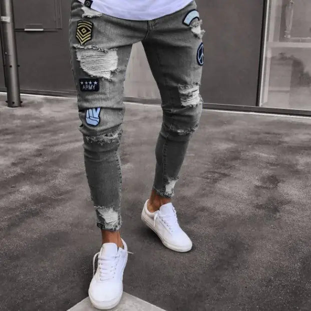 Men's Fashion Ripped Knee Zipper Slim Jeans