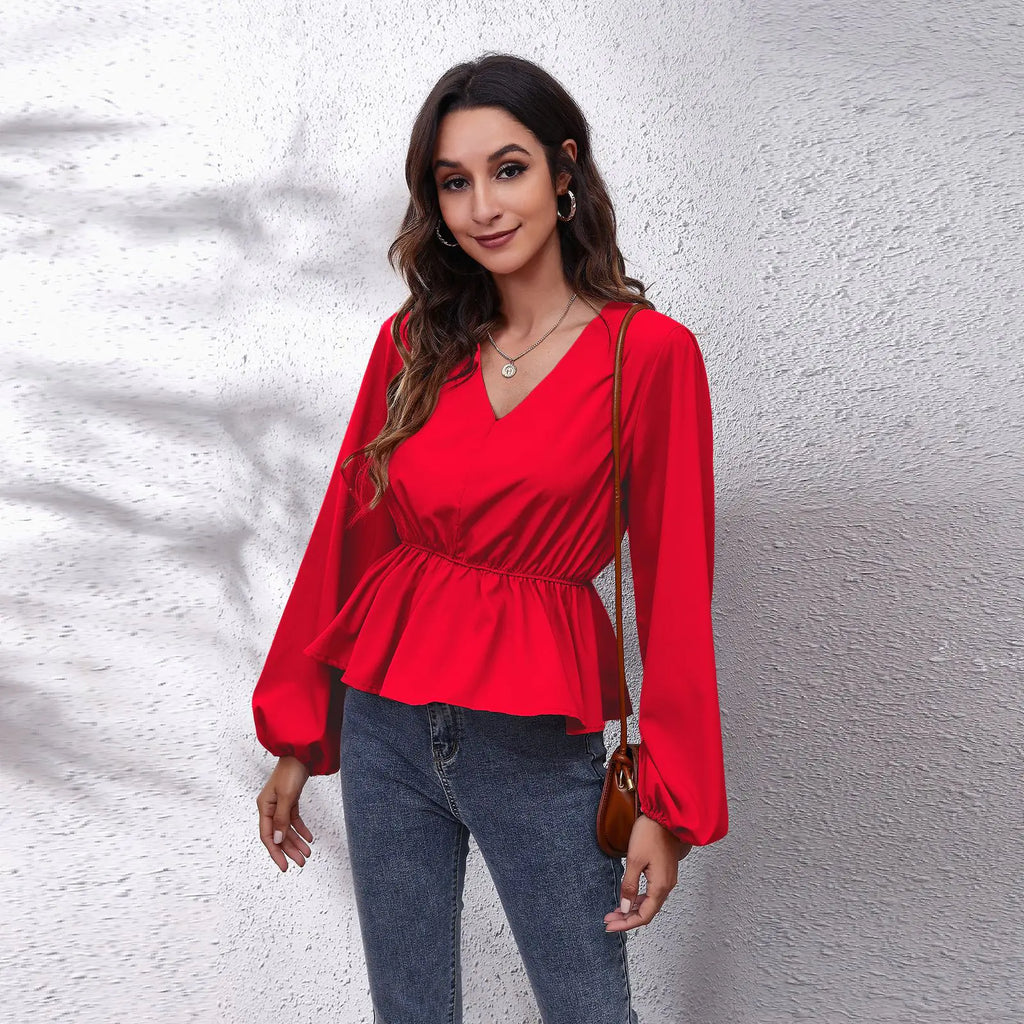 Elegant Women's Casual Shirt with Lantern Sleeves