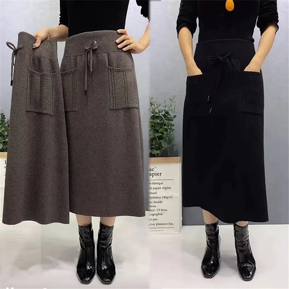 Korean Retro Knitted Wool Long Skirt with Pockets