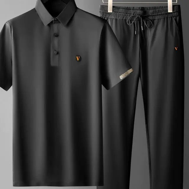 Black Summer Men's Quick-Drying Polo and Trousers Set