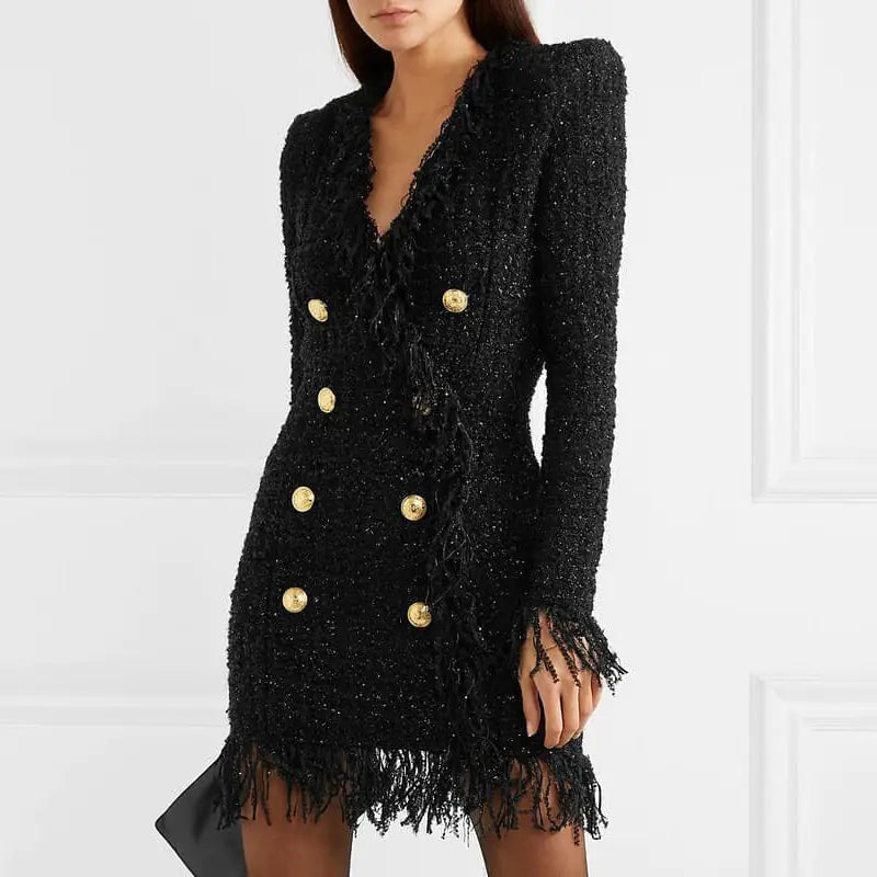 2020 Autumn Winter Deep V Double-Breasted Dress