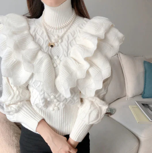 Women's Vintage Layered Ruffle Sweater with High Collar