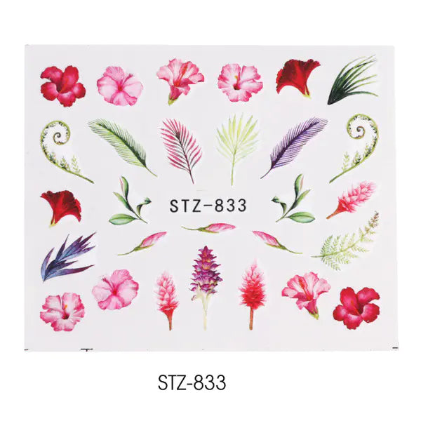 Nail Water Stickers - Green Leaf Rose Design