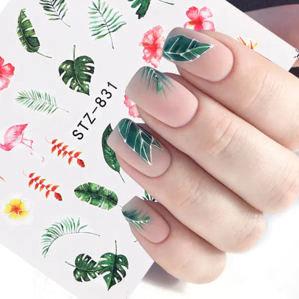 Nail Water Stickers - Green Leaf Rose Design