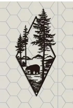 Wall Decoration Brown Bear With Trees Water Forest Metal Hardware Pendant