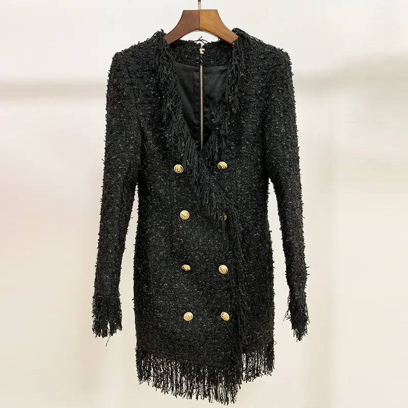 2020 Autumn Winter Deep V Double-Breasted Dress