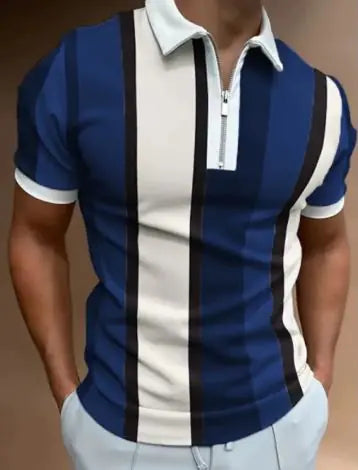 Men’s Striped Short-Sleeve Polo Shirt with Zipper Lapel – Slim Fit