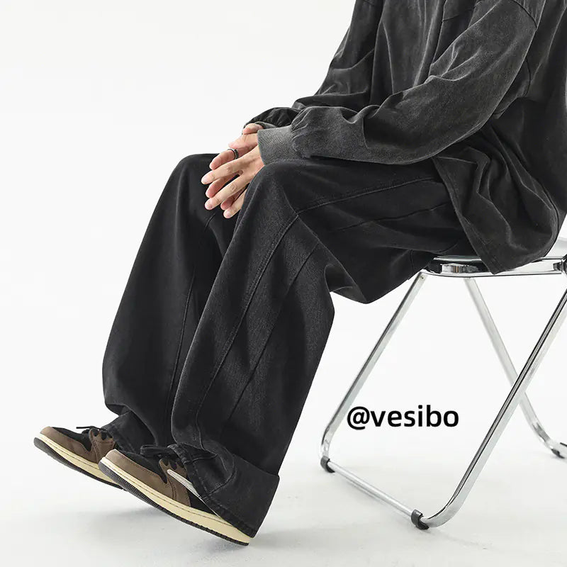 Men's Black Loose Fit Wide Leg Denim Pants
