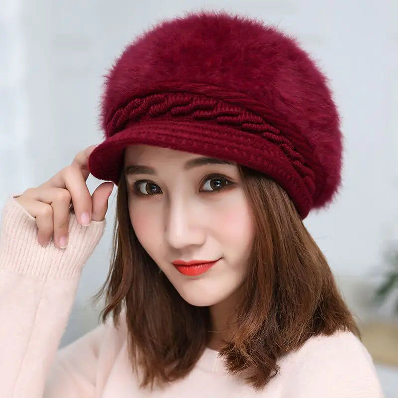 Winter Knitted Hooded Cap with Rabbit Fur for Women