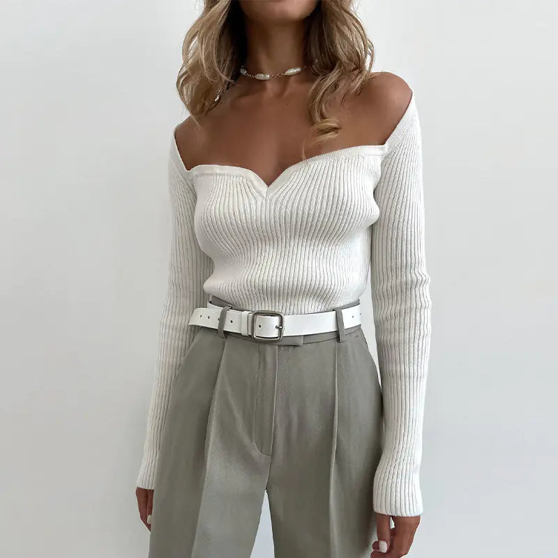 Women's Long-Sleeve Square Collar Knit Top for Fall/Winter