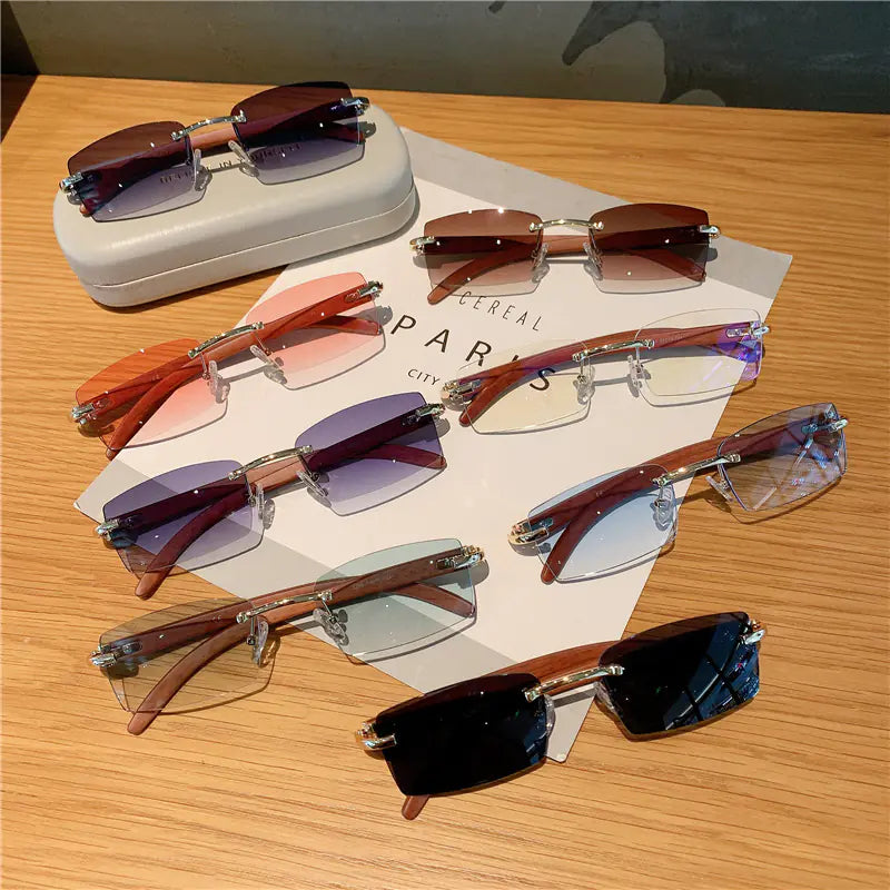 Frameless Wood Grain Retro Sunglasses UV400 for Travel