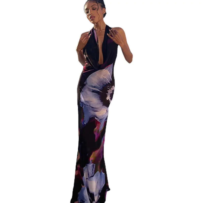 Sexy Purple Print Backless Long Dress for Women