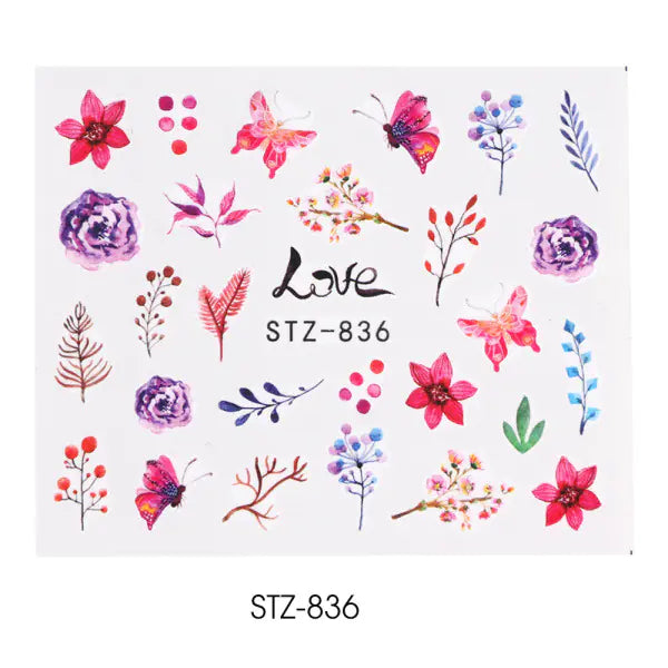 Nail Water Stickers - Green Leaf Rose Design