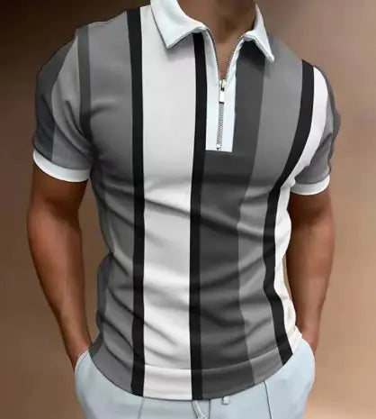 Men’s Striped Short-Sleeve Polo Shirt with Zipper Lapel – Slim Fit