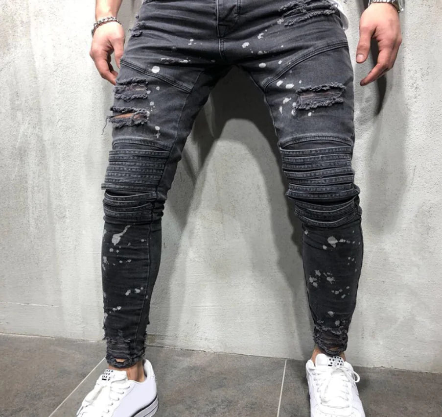 Men's Zippered Ripped Knee Slim Fit Motorcycle Jeans