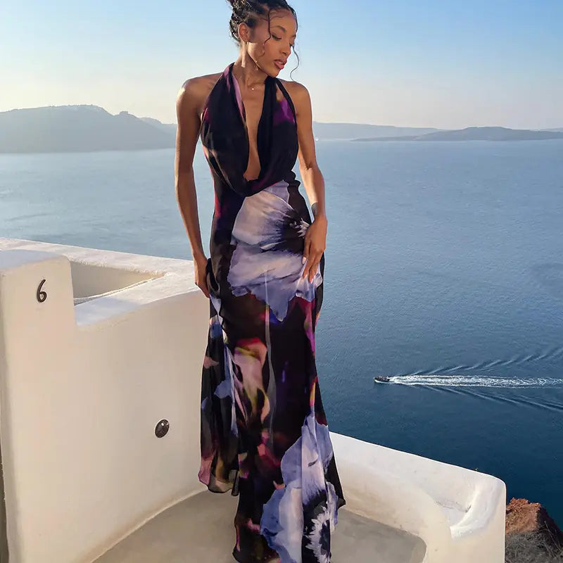 Sexy Purple Print Backless Long Dress for Women