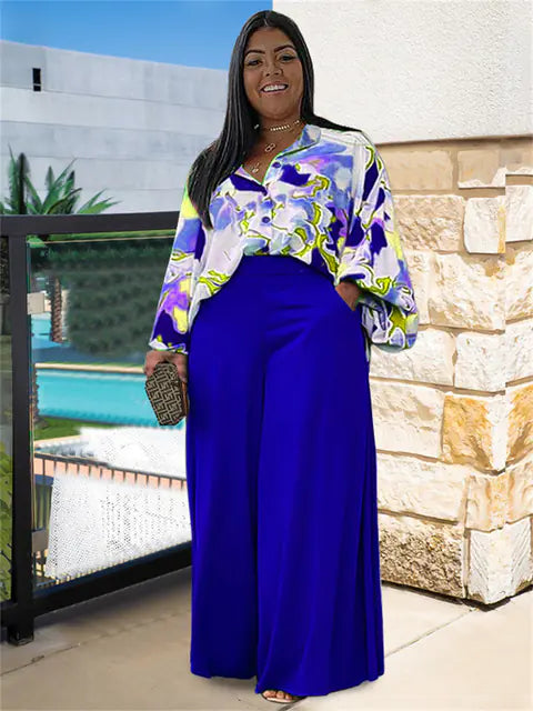 Casual Printed Shirt and Wide-leg Pants Set for Women