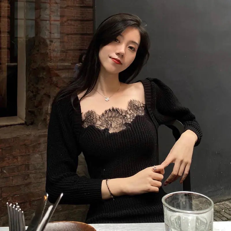Plus Size French Style Black Knit Dress with Lace