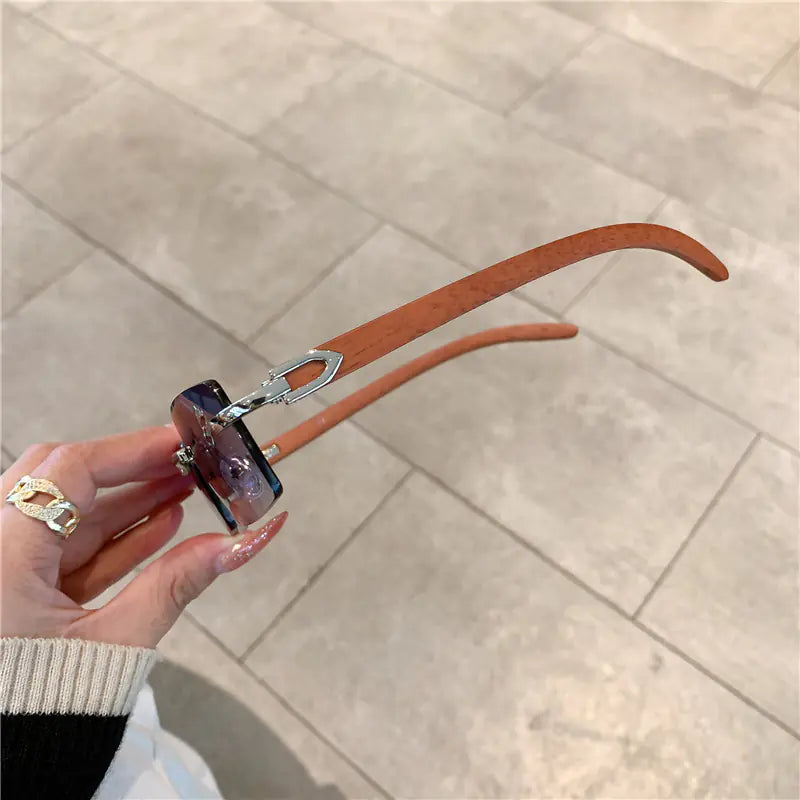 Frameless Wood Grain Retro Sunglasses UV400 for Travel