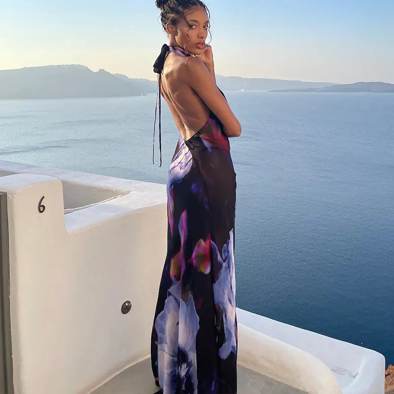 Sexy Purple Print Backless Long Dress for Women