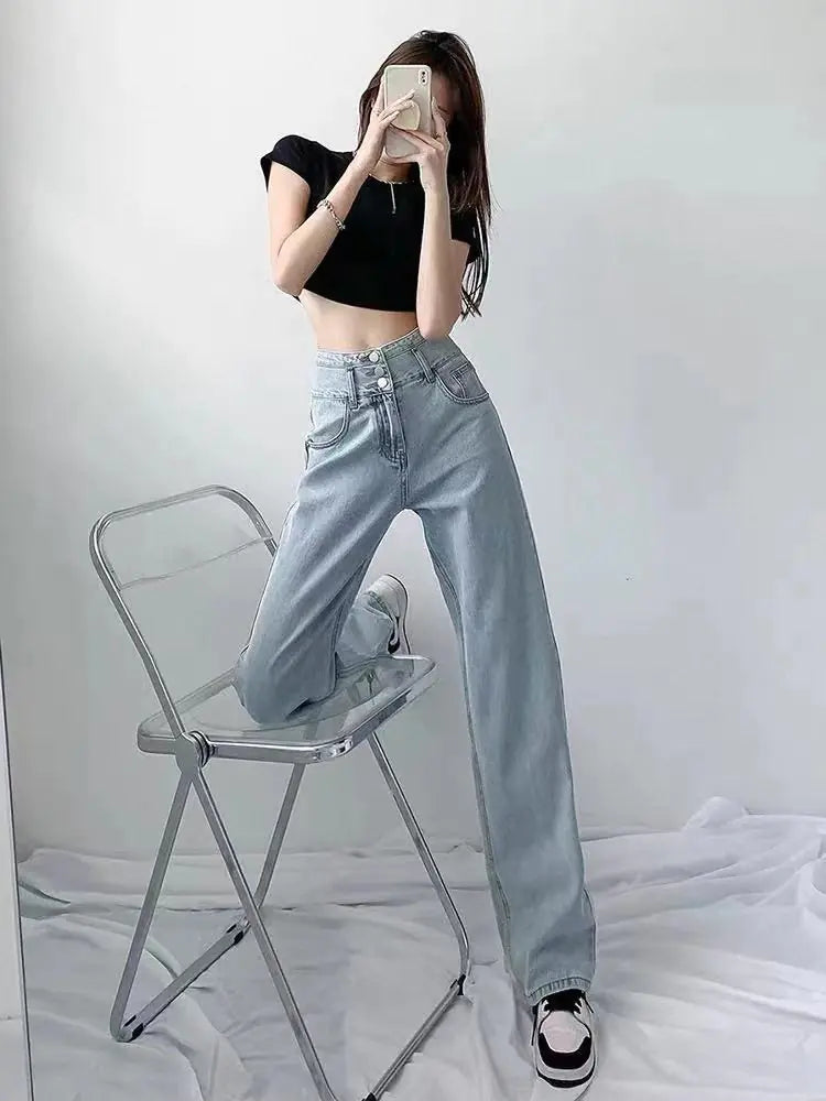 High Rise Straight Leg Jeans with Side Slit for Women