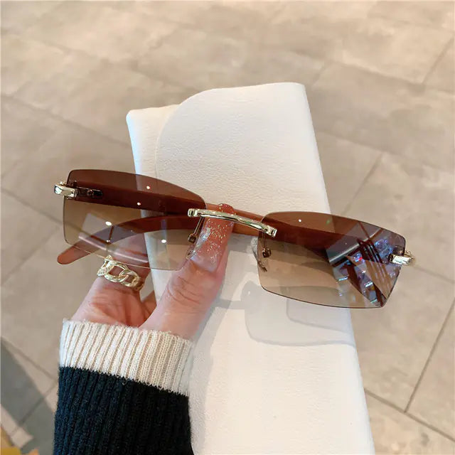 Frameless Wood Grain Retro Sunglasses UV400 for Travel