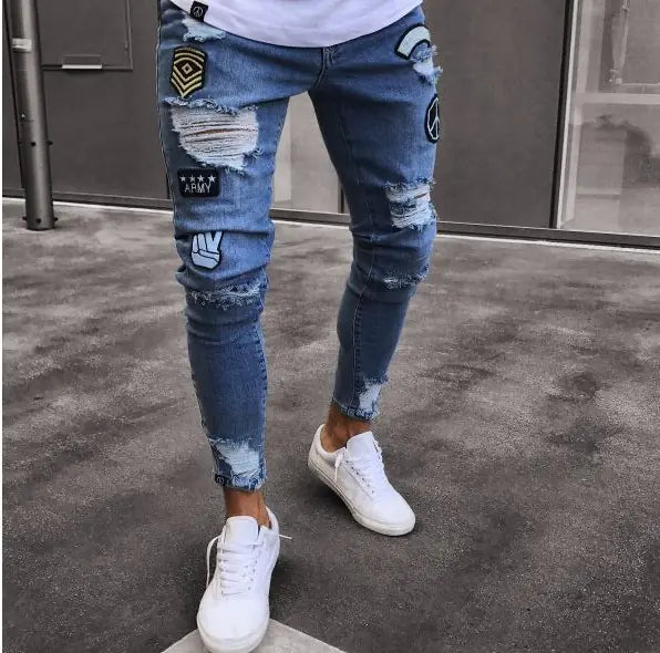 Men's Fashion Ripped Knee Zipper Slim Jeans