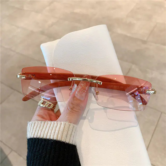 Frameless Wood Grain Retro Sunglasses UV400 for Travel