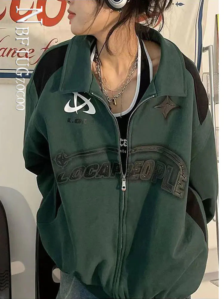 Korean Streetwear Green Hoodie for Women