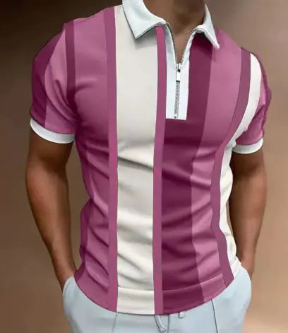 Men’s Striped Short-Sleeve Polo Shirt with Zipper Lapel – Slim Fit