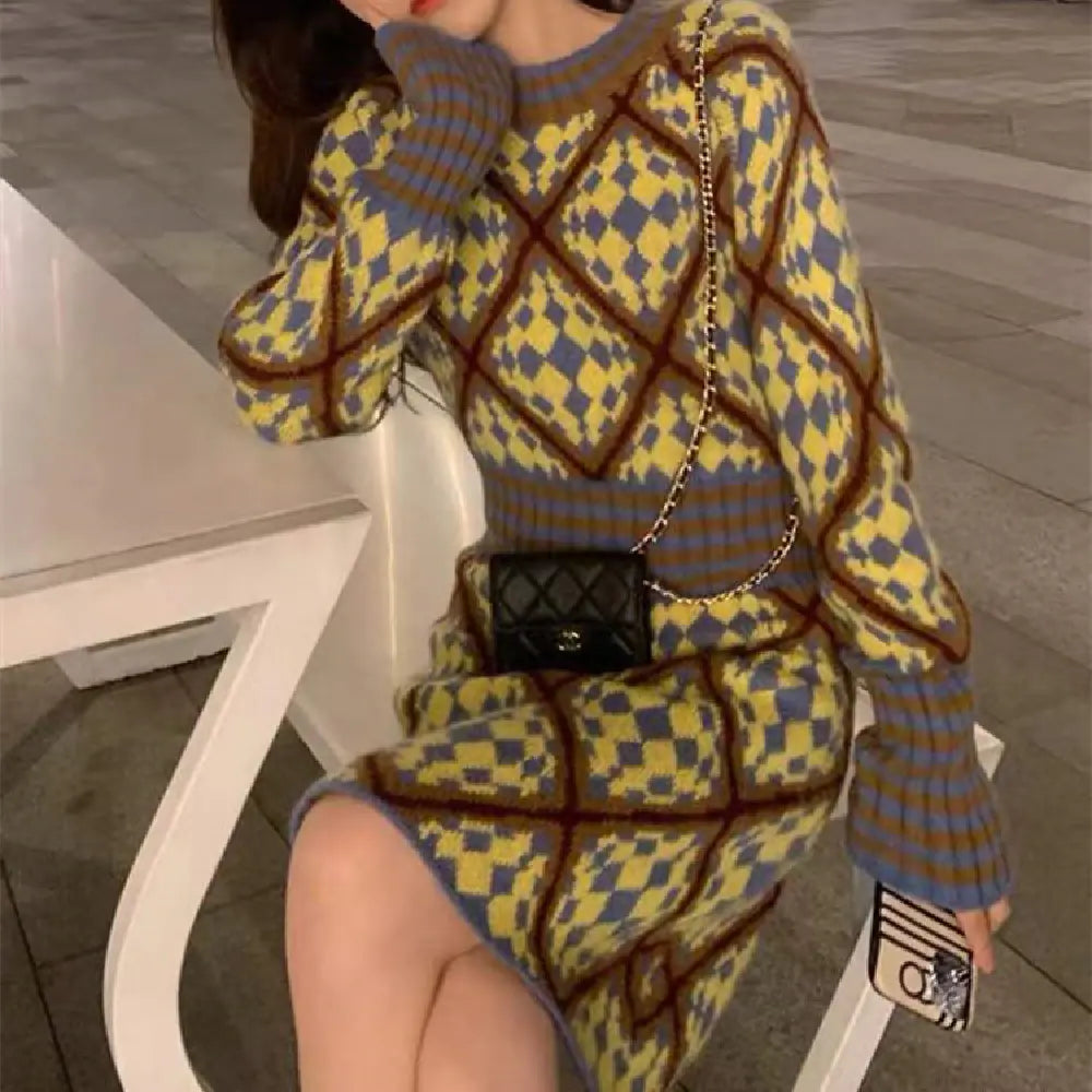 Women's Autumn Winter French Waist Skirt Knitting Dress