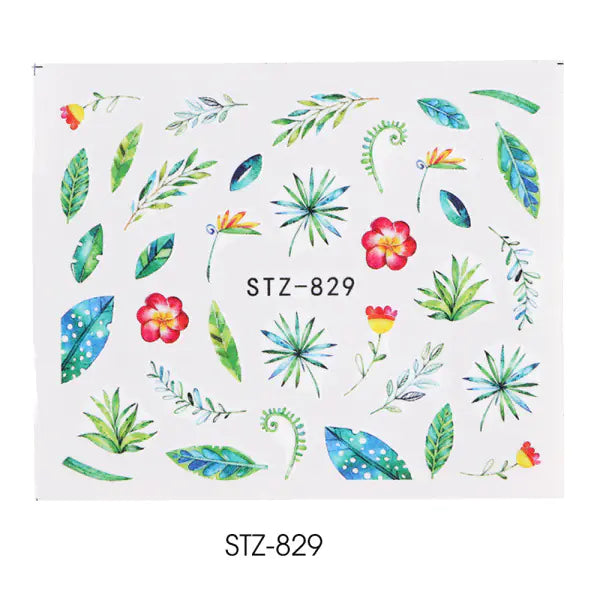 Nail Water Stickers - Green Leaf Rose Design