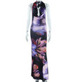 Sexy Purple Print Backless Long Dress for Women